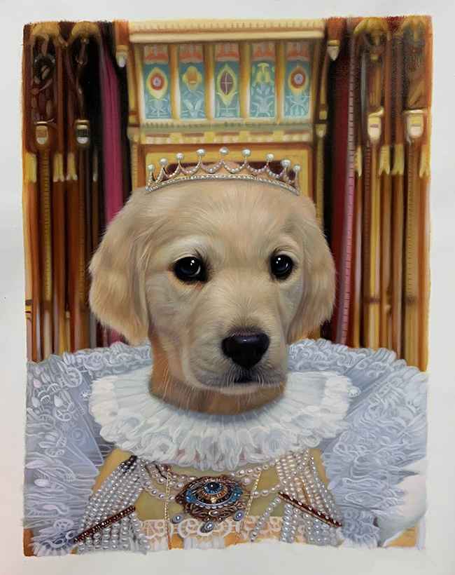 queen portrait with puppy