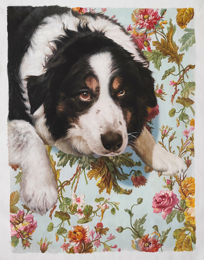 floral background painting with dog
