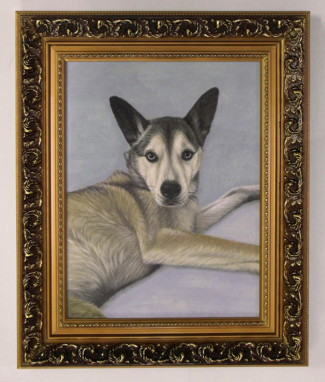 framed painting of dog with gray background