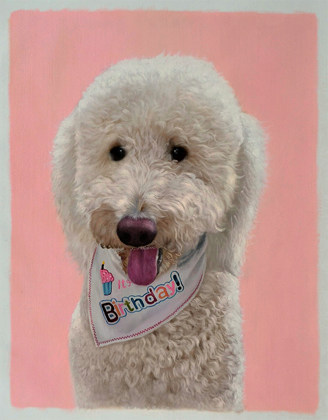 pink background painting of dog