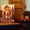 Dog next to its painting as sherlock