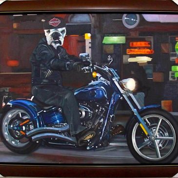 Bulldog Painting with dog on a motorcycle
