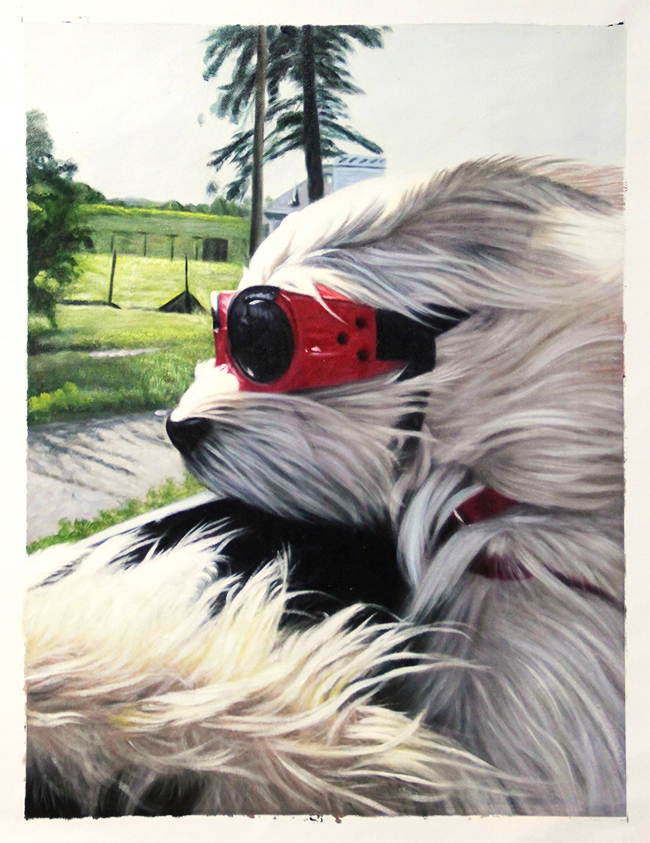 dog wearing goggles painting