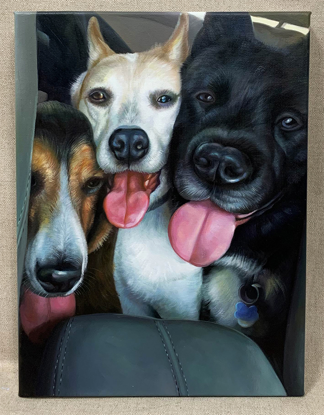 photo to oil paint 3 dogs in car
