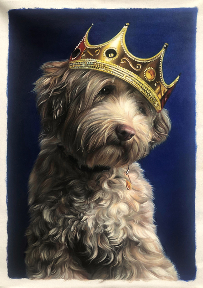 large oil painting of dog with crown