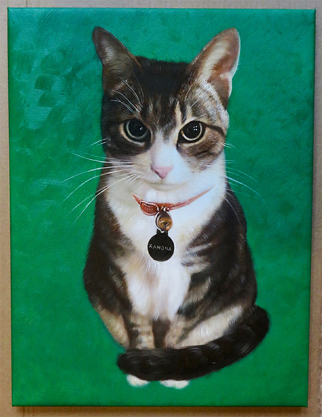 green background painting with cat